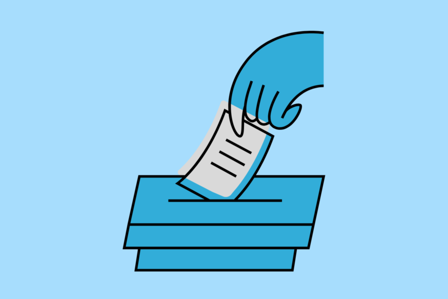Hånd som legger stemmeseddel i valgurne